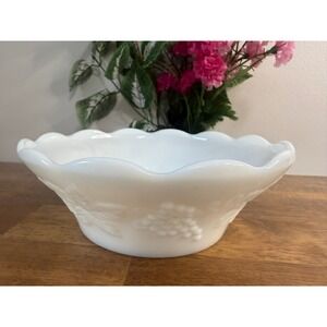 Vintage Milk Glass Grape & Vine Scalloped Serving Bowl White Embossed Fruit Bowl